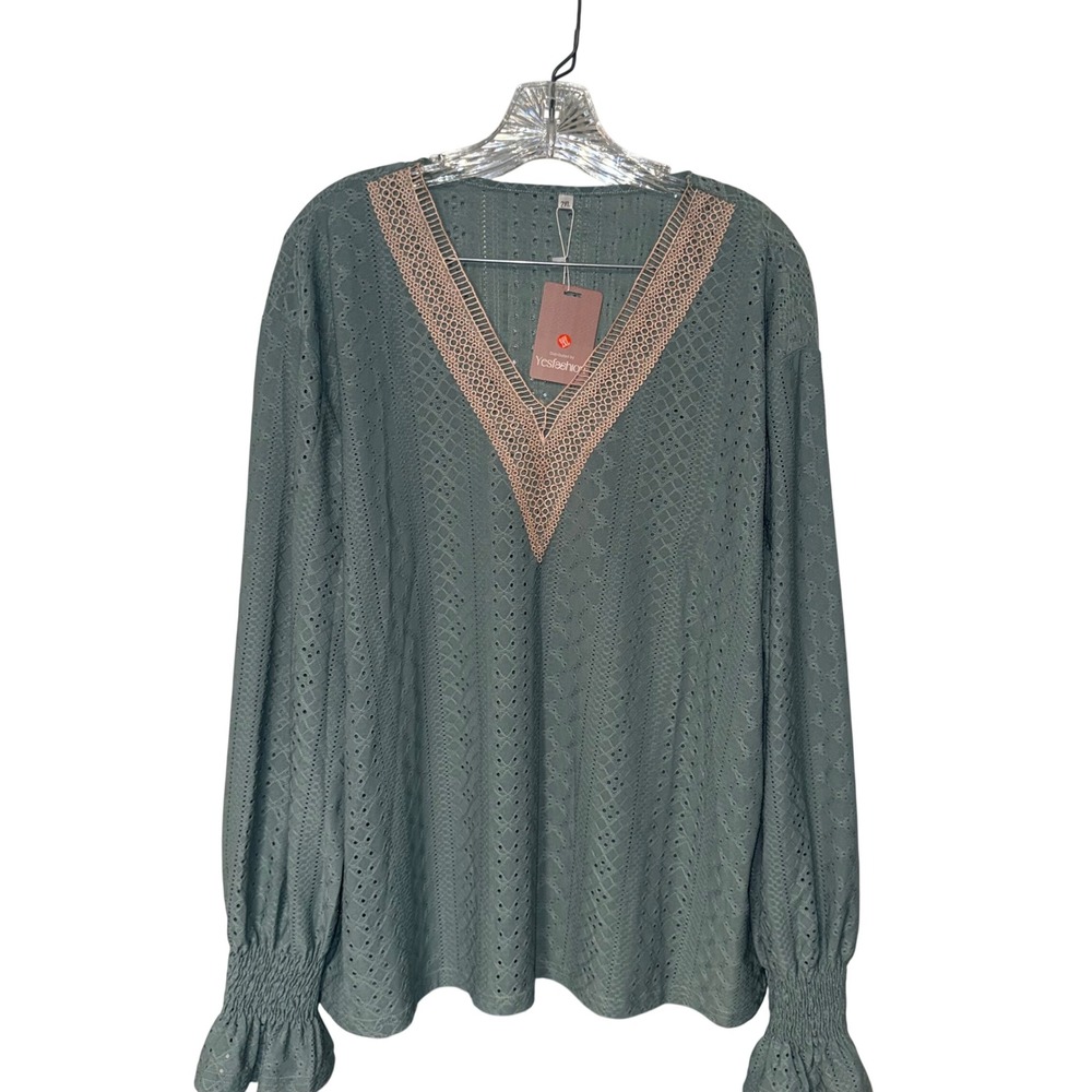 Yesfashion Blouse Womens 2XL Sage Green Eyelet Lace Crochet V-Neck Long Sleeve